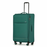 A Emerald Green softside spinner suitcase with an extended black telescoping handle, shown on a plain white background.