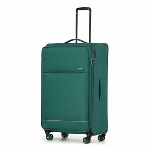 A Emerald Green softside spinner suitcase with an extended black telescoping handle, shown on a plain white background.