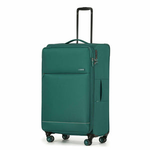 A Emerald Green softside spinner suitcase with an extended black telescoping handle, shown on a plain white background.