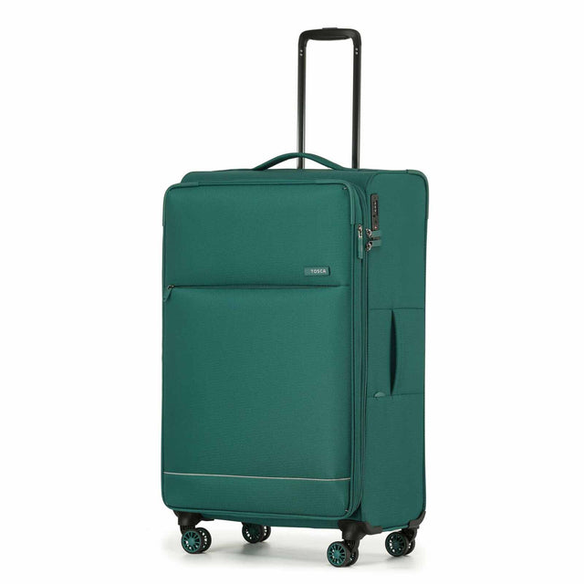 A Emerald Green softside spinner suitcase with an extended black telescoping handle, shown on a plain white background.