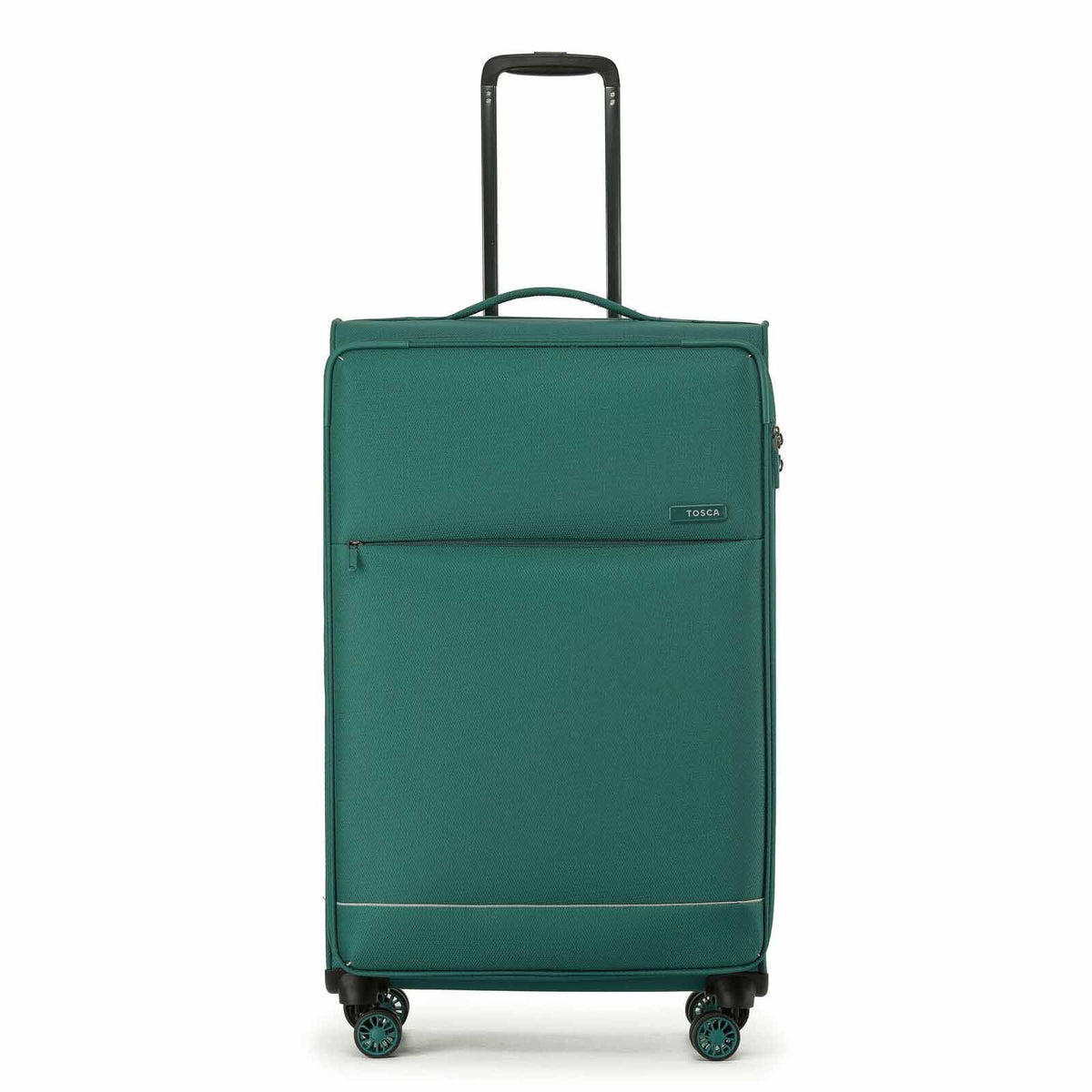 A light Emerald Green carry-on spinner suitcase with an extended black telescoping handle, shown against a plain white background.