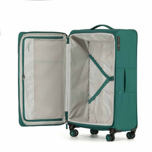 A Emerald Green softside spinner suitcase shown open, displaying its interior organization, zippered side pocket, and gray lining, set against a plain white background.
