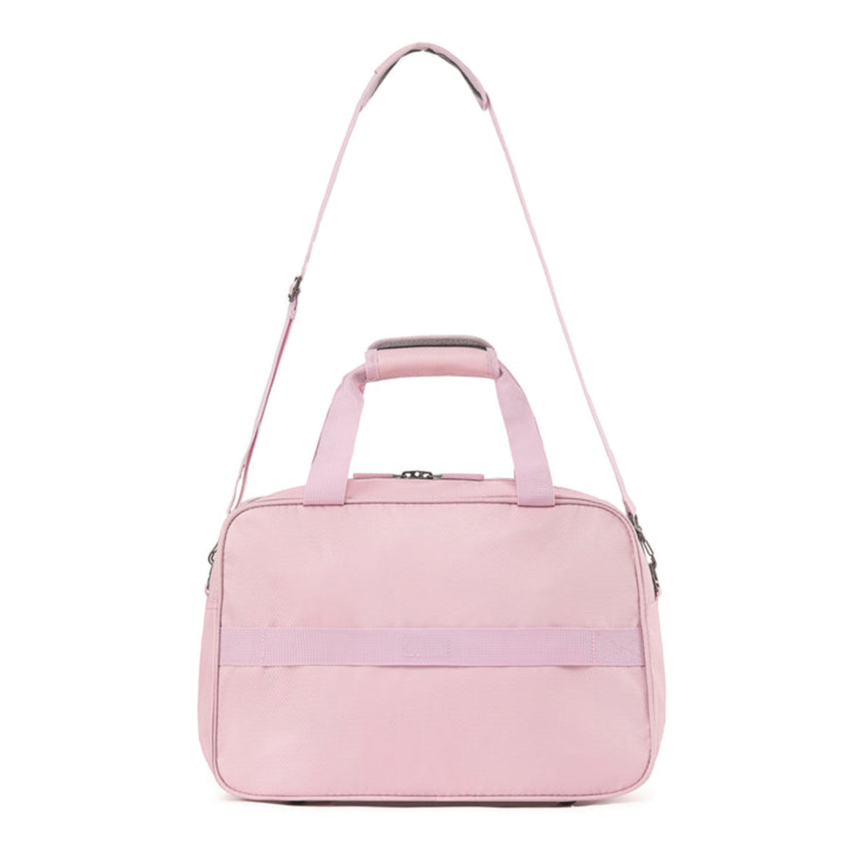 A light pink carry-on bag with a top handle, a shoulder strap, and a smart strap, shown against a plain white background.