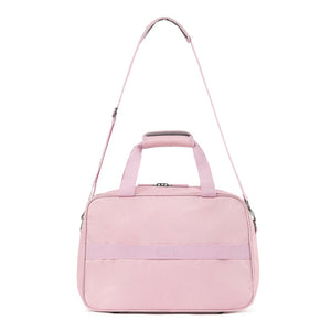 A light pink carry-on bag with a top handle, a shoulder strap, and a smart strap, shown against a plain white background.