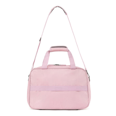 A light pink carry-on bag with a top handle, a shoulder strap, and a smart strap, shown against a plain white background.