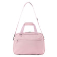 A light pink Carry on bag with dual top handles, a detachable shoulder strap, and a front zippered pocket, shown against a plain white background.