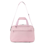 A light pink Carry on bag with dual top handles, a detachable shoulder strap, and a front zippered pocket, shown against a plain white background.