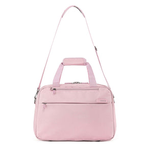 A light pink Carry on bag with dual top handles, a detachable shoulder strap, and a front zippered pocket, shown against a plain white background.