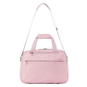 A light pink Carry on bag with dual top handles, a detachable shoulder strap, and a front zippered pocket, shown against a plain white background.