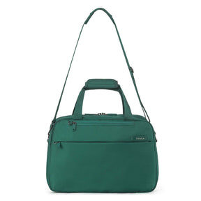 A Emerald Green Carry on bag with dual top handles, a detachable shoulder strap, and a front zippered pocket, shown against a plain white background.