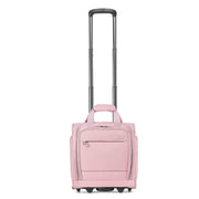 A pink rolling suitcase with an extended telescoping handle, shown on a plain white background. The suitcase features a top carry handle, a front zippered pocket, and spinner wheels.