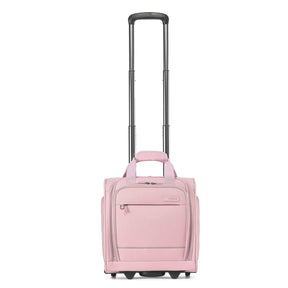 A pink rolling suitcase with an extended telescoping handle, shown on a plain white background. The suitcase features a top carry handle, a front zippered pocket, and spinner wheels.