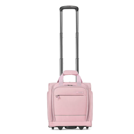 A pink rolling suitcase with an extended telescoping handle, shown on a plain white background. The suitcase features a top carry handle, a front zippered pocket, and spinner wheels.