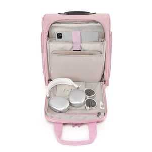 A pink rolling suitcase with an extended telescoping handle, shown on a plain white background. The suitcase features a top carry handle, a front zippered pocket, and spinner wheels.