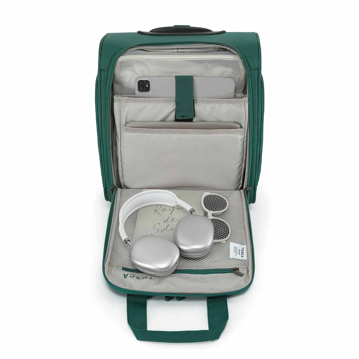 An Emerald Green rolling suitcase with an extended telescoping handle, shown on a plain white background. The suitcase features a top carry handle, a front zippered pocket, and spinner wheels.