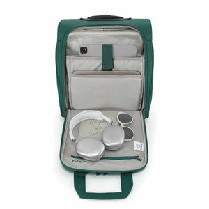 An Emerald Green rolling suitcase with an extended telescoping handle, shown on a plain white background. The suitcase features a top carry handle, a front zippered pocket, and spinner wheels.