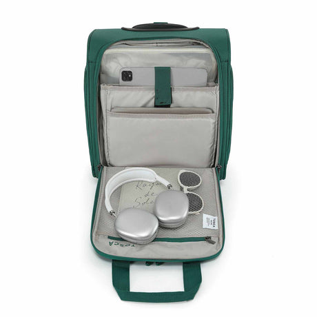 An Emerald Green rolling suitcase with an extended telescoping handle, shown on a plain white background. The suitcase features a top carry handle, a front zippered pocket, and spinner wheels.