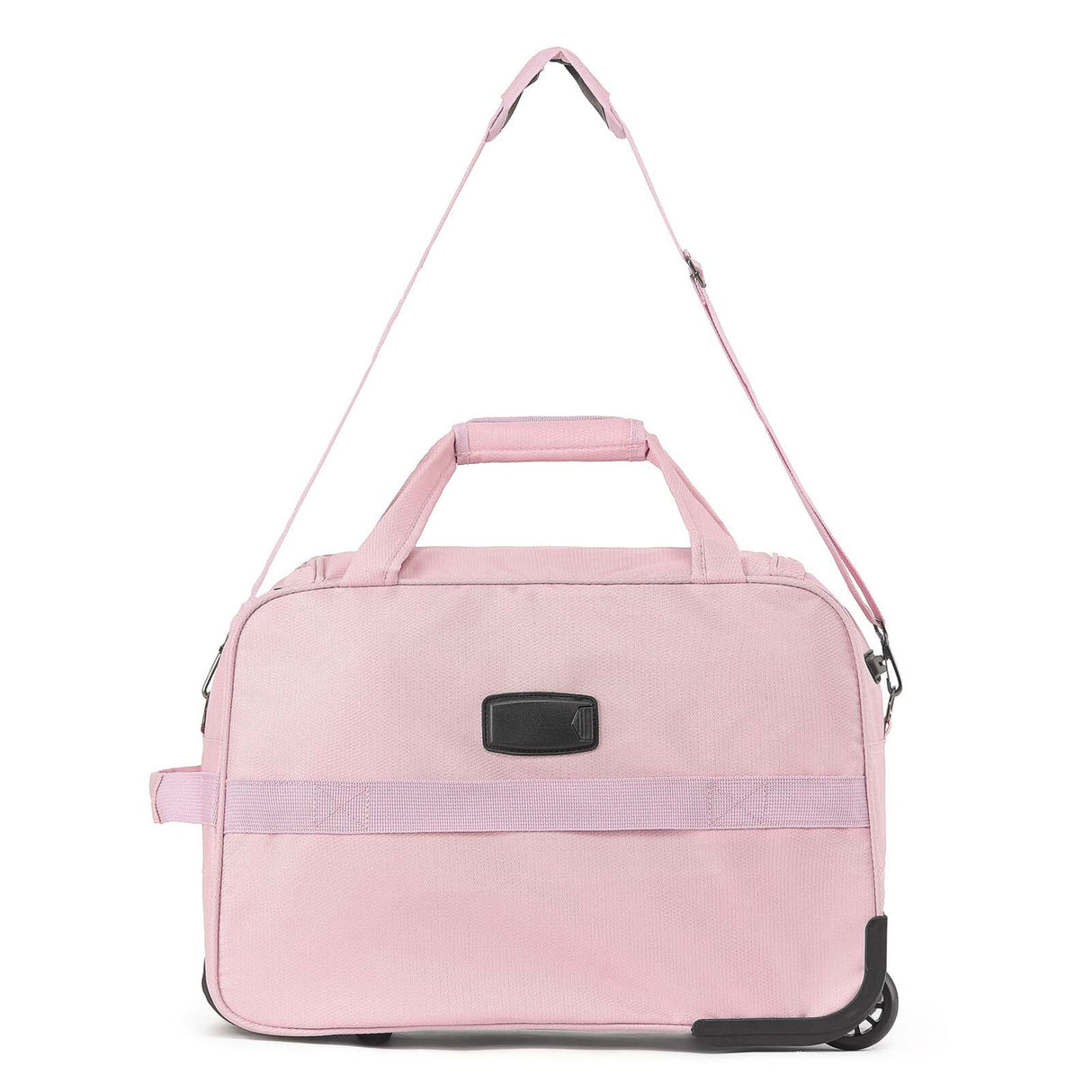 A light pink Carry-On bag with a top handle, shoulder strap, and a black rectangular name badge, shown on a plain white background.