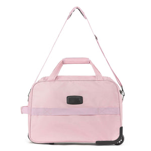 A light pink Carry-On bag with a top handle, shoulder strap, and a black rectangular name badge, shown on a plain white background.