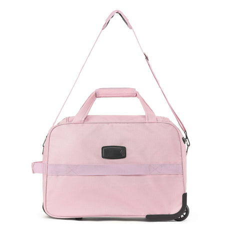 A light pink Carry-On bag with a top handle, shoulder strap, and a black rectangular name badge, shown on a plain white background.