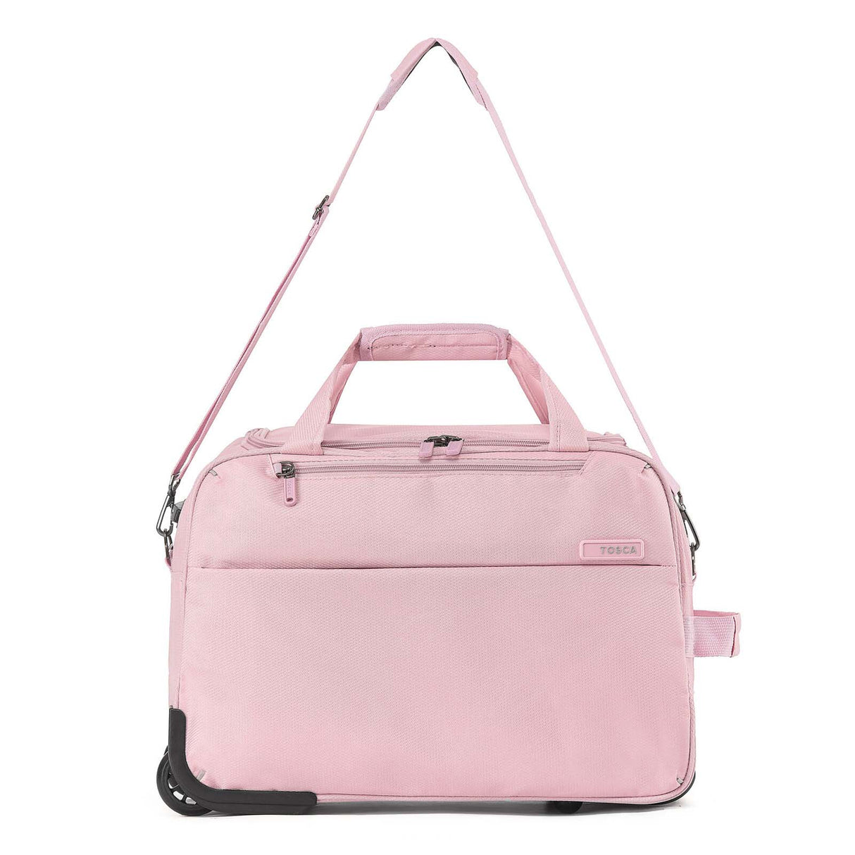 A light pink Carry-On bag with a top handle, shoulder strap, and a wheel at the bottom, shown on a plain white background.