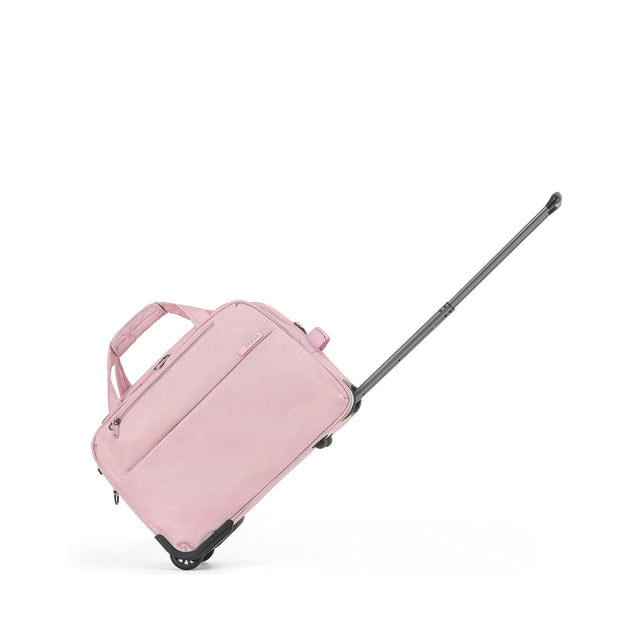A light pink rolling Carry-On bag with an extended telescoping handle, shown from a side angle on a clean white background.