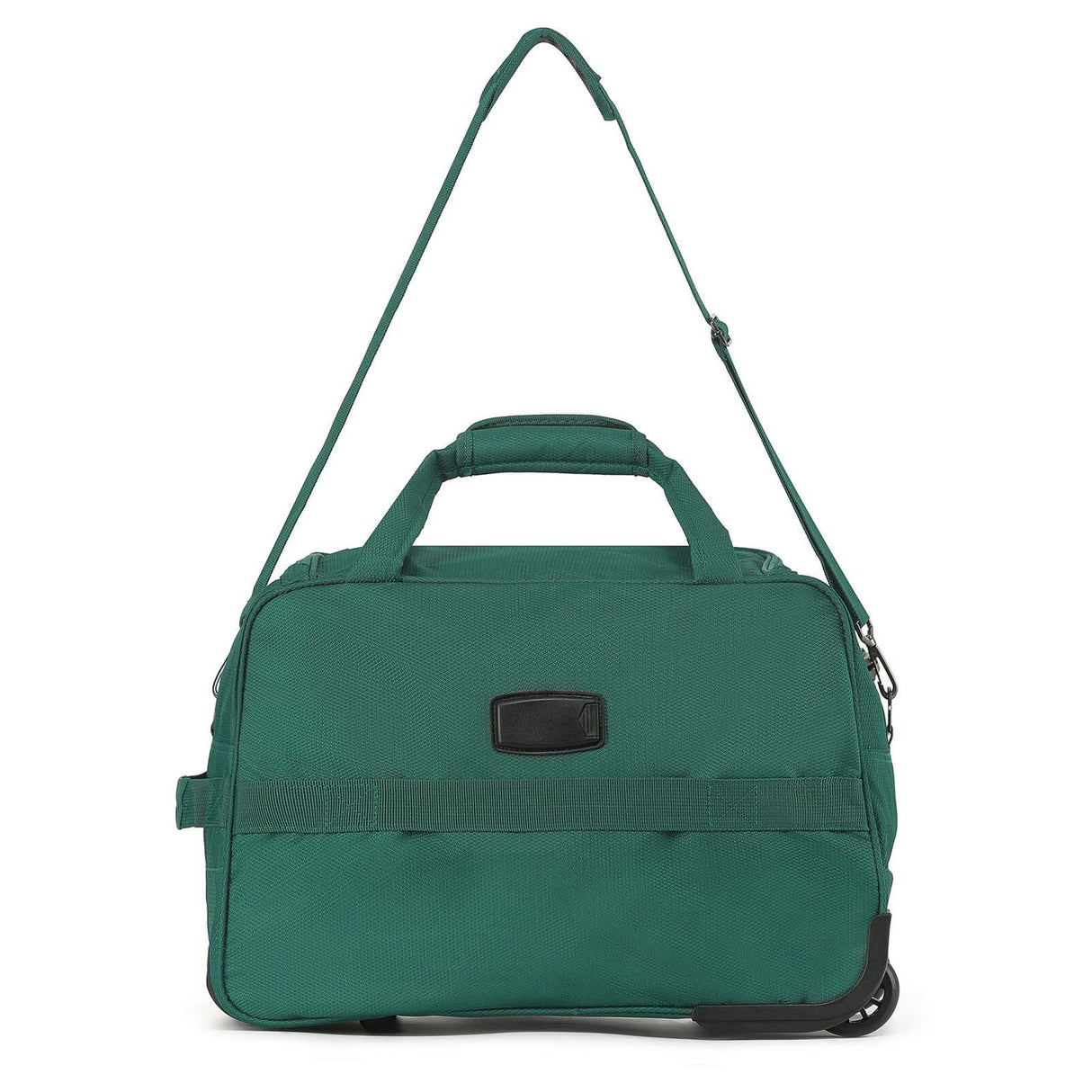 An Emerald Green Carry-On bag with a top handle, shoulder strap, and a black rectangular name badge, shown on a plain white background.