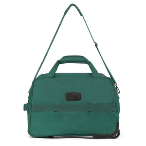 An Emerald Green Carry-On bag with a top handle, shoulder strap, and a black rectangular name badge, shown on a plain white background.