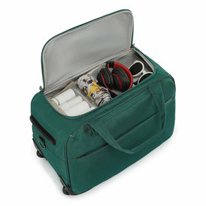 An Emerald Green rolling Carry-On bag opened, shown from a top angle on a clean white background.