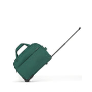 An Emerald Green rolling Carry-On bag with an extended telescoping handle, shown from a side angle on a clean white background.