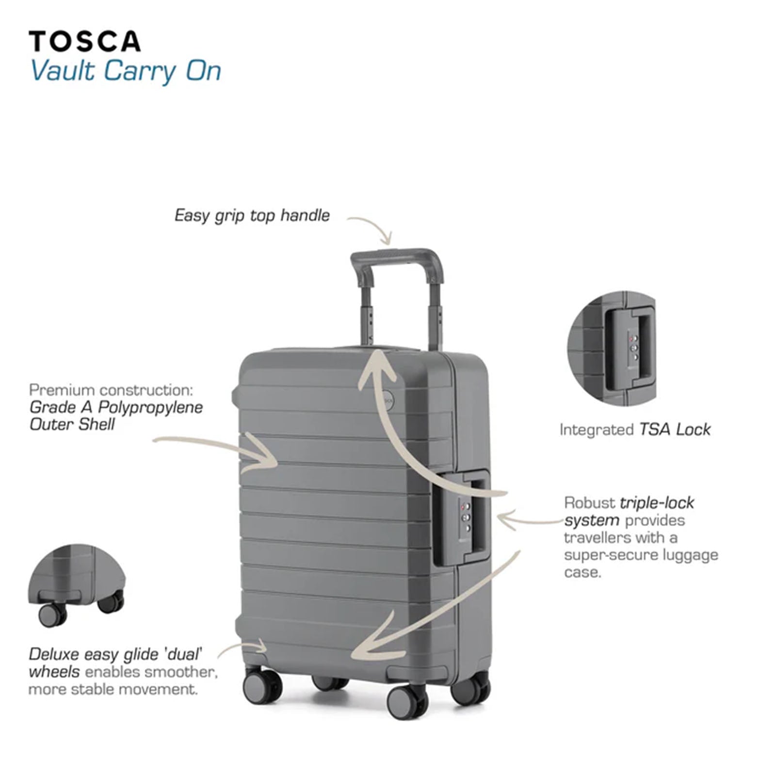 Tosca-Vault-4-Wheel-54cm-Carry-On-Suitcase-Grey-Info