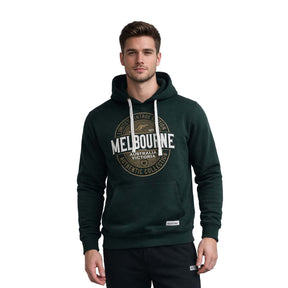 Man wearing a green hoodie with 'Melbourne' text on a white background