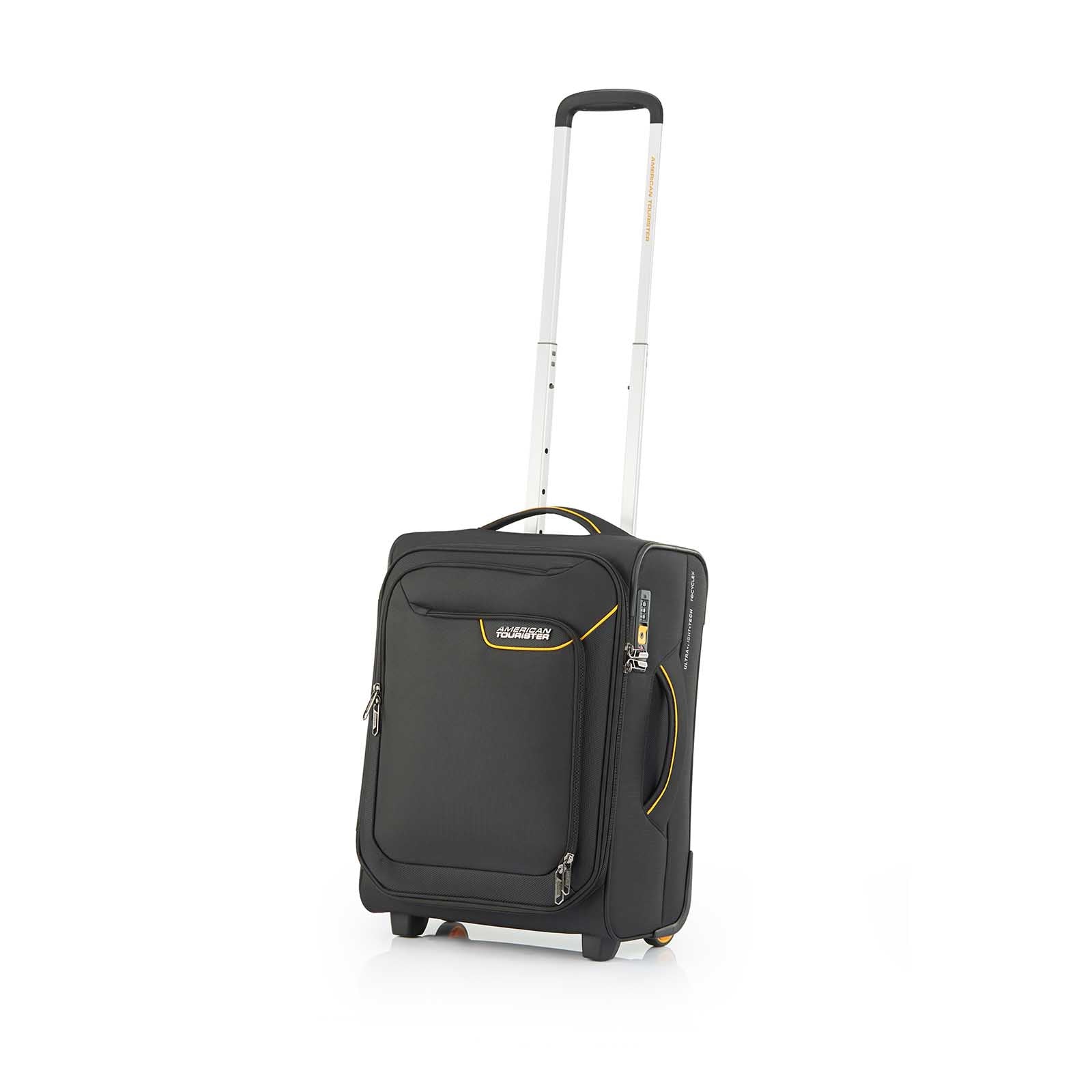 American-Tourister-Applite-4-Eco-50cm-Carry-On-Suitcase-Black-Mustard-Front-Angle