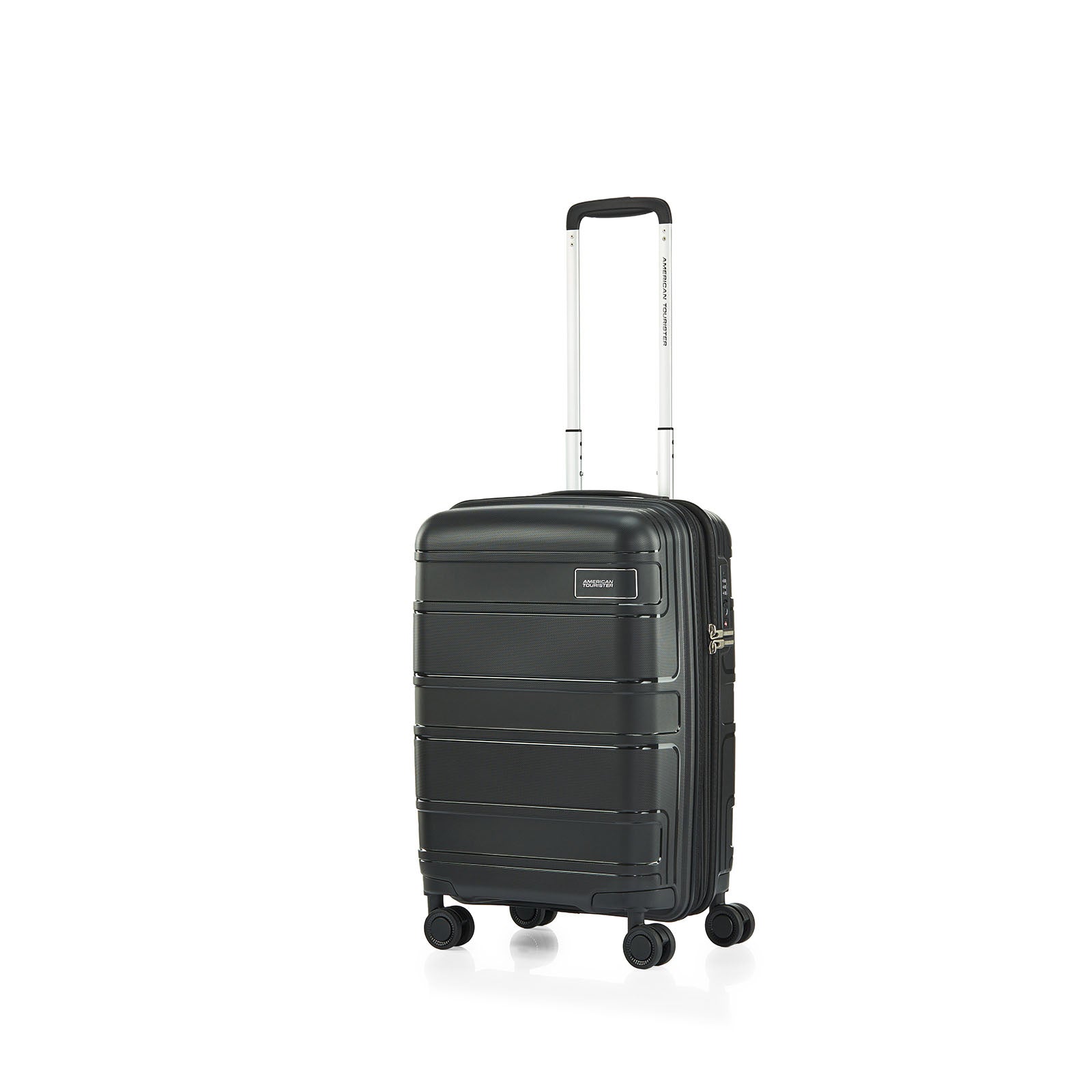 American-Tourister-Light-Max-55cm-Carry-On-Suitcase-Black-Front-Angle