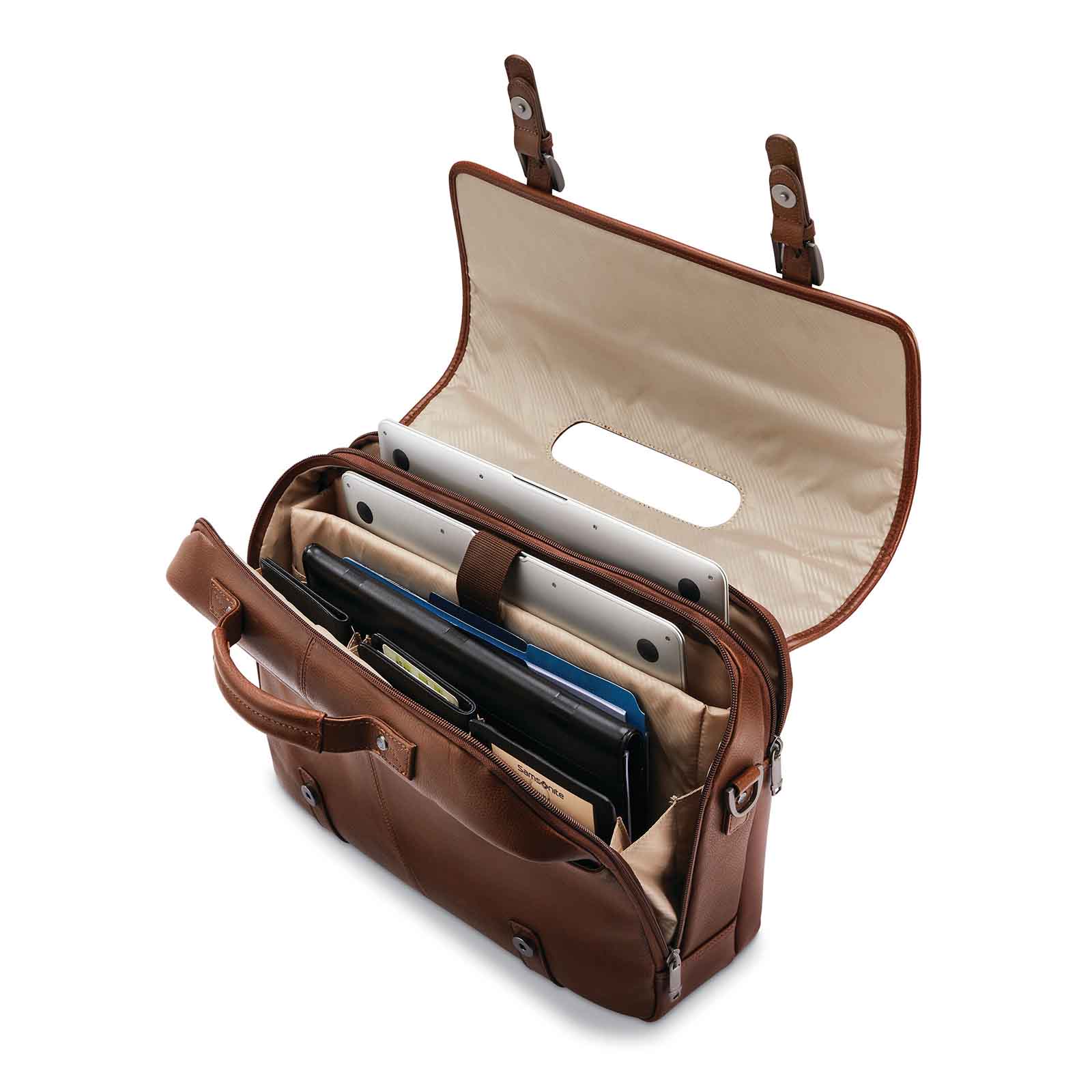 Samsonite-Classic-Leather-15-Inch-Flapover-Cognac-Open